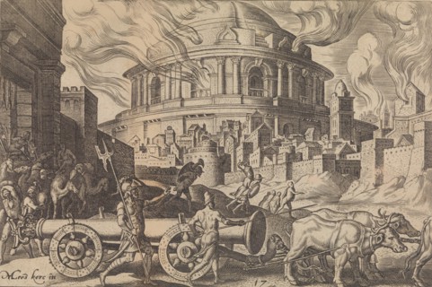 The Chaldeans Carrying Away the Pillars of the Temple of Jerusalem, from The Disasters of ..., 1569. Creator: Philip Galle.