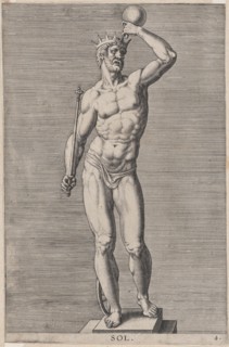 Plate 4: Apollo; statue of the nude god standing on a socle, wearing a crown and holding a..., 1586. Creator: Philip Galle.