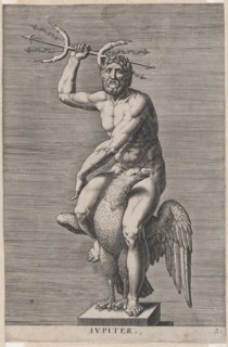 Plate 2: Jupiter; statue of the nude god seated on an eagle, holding a double trident; fro..., 1586. Creator: Philip Galle.
