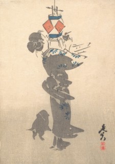 Lighting a Hanging Lantern for the Obon Festival, 1860., 1860. Creator: Shibata Zeshin.