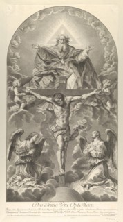 The Holy Trinity; Christ on the cross flanked by two angels, the Holy Spirit as a dove and..., 1702. Creator: Nicolas Dorigny.