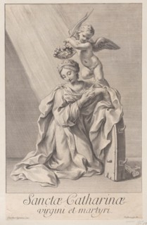 Saint Catherine of Alexandria, kneeling with her elbow resting on the spiked wheel, and an..., 1698. Creator: Nicolas Dorigny.