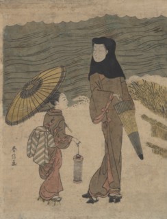 Lady with Black Hood and Umbrella Out Walking with Young Attendant. Creator: Suzuki Harunobu.