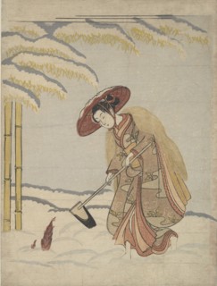 Woman Digging Bamboo Shoots in the Snow, or Parody of Meng Zong (Moso), from Twenty-Fo..., ca. 1765. Creator: Suzuki Harunobu.