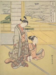 A Young Man and Woman with a Shamisen; Monk Saigyo, from a series alluding to the Thre..., ca. 1768. Creator: Suzuki Harunobu.