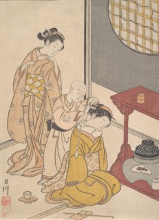 Night Rain at the Double-Shelf Stand, from the series Eight Parlor Views (Zashiki hakk..., ca. 1766. Creator: Suzuki Harunobu.