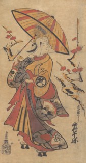 Actor Nakamura Senya as Tokonatsu in the Kabuki Play, "The Legacy of the Three-Comma F..., ca. 1716. Creator: Torii Kiyomasu I.