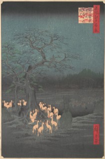 Shozokuenoki Tree at Oji: Fox-fires on New Year's Eve, 1857., 1857. Creator: Ando Hiroshige.