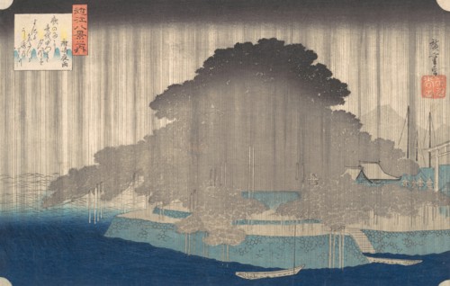Night Rain at Karasaki, from the series Eight Views of O-mi, ca. 1835., ca. 1835. Creator: Ando Hiroshige.