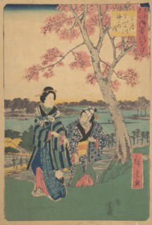 Plum-blossom viewing in the third month at Sumida River from the series Annual Events at F..., 1854. Creator: Ando Hiroshige.