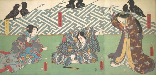 Three Actors on Stage: Kumagai Naozane, 1858., 1858. Creator: Utagawa Kunisada.