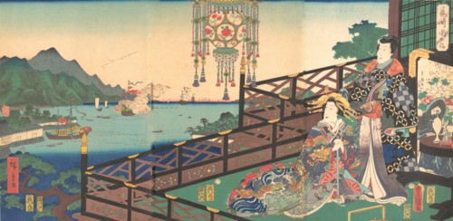 Mitsuuji in the Maruyama Pleasure District of Nagasaki (Nagasaki dejima), 3rd m..., 3rd month, 1861. Creator: Utagawa Kunisada.