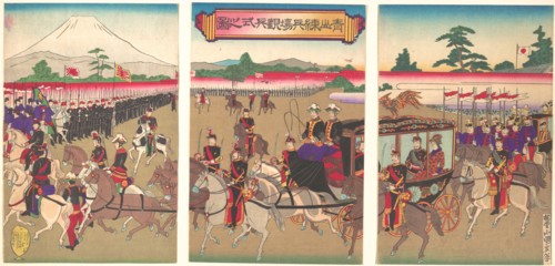 View of a Military Review Parade at Aoyama, Feb. 1889 (Meiji 22)., Feb. 1889 (Meiji 22). Creator: Utagawa Kunisada II.
