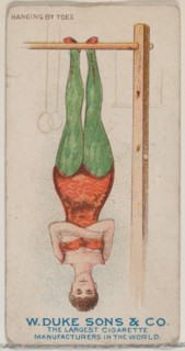 Hanging by Toes, from the Gymnastic Exercises series (N77) for Duke brand cigarettes, 1887., 1887. Creator: Unknown.