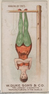 Hanging by Toes, from the Gymnastic Exercises series (N77) for Duke brand cigarettes, 1887., 1887. Creator: Unknown.