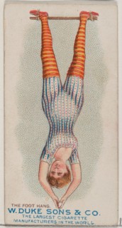 The Foot Hang, from the Gymnastic Exercises series (N77) for Duke brand cigarettes, 1887., 1887. Creator: Unknown.