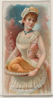 Thanksgiving Day, United States, from the Holidays series (N80) for Duke brand cigarettes,..., 1890. Creator: George S. Harris & Sons.