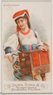 Hand Organ, from the Musical Instruments series (N82) for Duke brand cigarettes, 1888., 1888. Creator: Schumacher & Ettlinger.