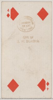 Four Diamonds (red), from the Playing Cards series (N84) for Duke brand cigarettes, 1888., 1888. Creator: Unknown.