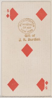Five Diamonds (red), from the Playing Cards series (N84) for Duke brand cigarettes, 1888., 1888. Creator: Unknown.
