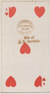 Five Hearts (red), from the Playing Cards series (N84) for Duke brand cigarettes, 1888., 1888. Creator: Unknown.