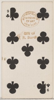 Nine Clubs (black), from the Playing Cards series (N84) for Duke brand cigarettes, 1888., 1888. Creator: Unknown.