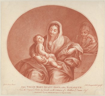 The Virgin seated with the infant Christ sleeping in her lap, Saint Elizabeth at right, an oval composition, after Reni, 1776.