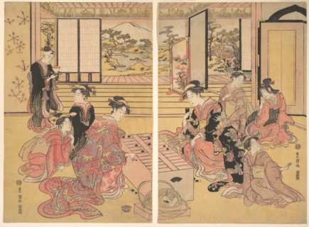 Two Young Women Playing a Game of Sugoroku.