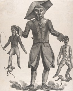 A Giant Monkey in Uniform Holding up Pierrot and a Man with a Whip, after 1825.