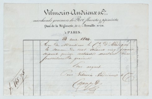 Invoice from Vilmorin-Andrieux et Cie, Paris, for seed supplies to the Count of Andigné, August 24, 1844.