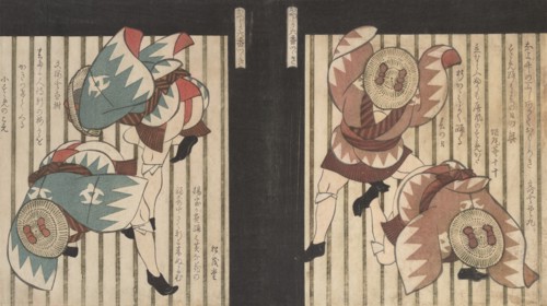 Two Men Wearing Brown Coats, also Straw Hats with Brown Bows.