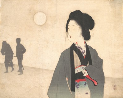 Young Woman Looks at Silhouette of a Male Prisoner being Led Away, early 20th century.