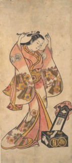 Sanjo Kantaro as a Woman Arranging Her Hair Before a Lacquer Mirror, before 1763.