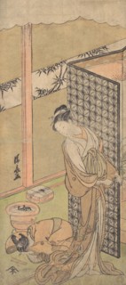 An Oiran in Night Attire, pausing, with one Hand on the Screen that Surrounds Her Bed, ca. 1770.