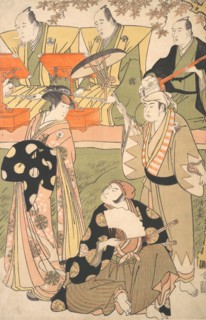 Theatrical Scene, with Musicians. [Onoe Matsusuke I as an Oiran Stands at the Left, Talking to Nakamura Nakazo I as a Samurai, ca. 1788.]