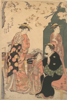 Portrait of the Courtesan Nioteru of the Ogiya, with Her Two Attendants Namiji and Ao-mi, ca. 1785.