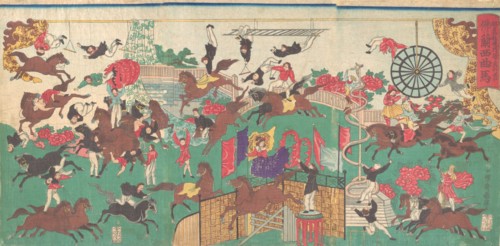 French Equestrian Circus on the grounds of Asakusa Kannon temple (Asakusa kannon keidai ni oite kogyo tsukawashi soro-Furansu kyokuba), 1871.