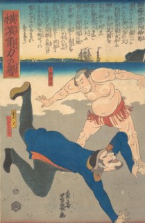 Sumo Wrestler Tossing a Foreigner, 1st month, 1861.