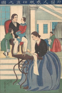 Foreign Family with Wife Making Clothes, 1860.