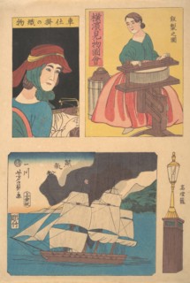 Picture of Sights in Yokohama: Woman with a wringer, Lamppost, a Steamboat at Full Sail and a Woman with a Sewing Machine, 11th month, 1860.