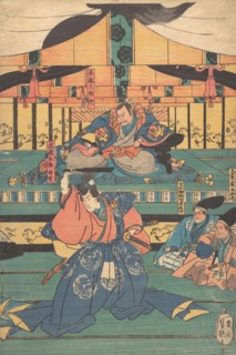Kabuki actors play as Oashibara Ueno no kami Masahira, Tokiwa Mikuriya Betto Tsuneaki, Tairano Shinno Masakado, Musashi Goro Takeshiba, mid-19th century.