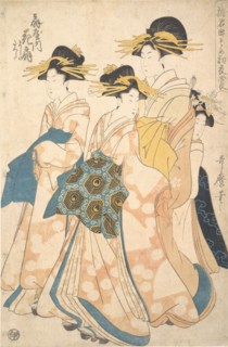 The Oiran Hanaogi of Ogiya attended by Two Shinzo and Her Kamuro Yoshino, ca. 1806.