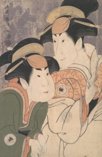 Segawa Tomisaburo II and Nakamura Manyo as Yadorigi and Her Maid Wakakusa in the Play "Hana Ayame Bunroku Soga", 1794.