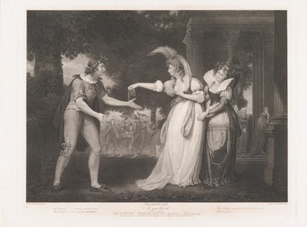 Before the Duke's Palace - Rosalind, Celia, Orlando, the Duke & Attendants (Shakespeare, As You Like It, Act 1, Scene 2), first published 1800; reissued 1852.