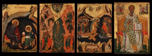 Four Icons from a Pair of Doors (Panels), possibly part of a Polyptych: John the Theologian and Prochoros, the Baptism (Epiphany), Harrowing of Hell (Anastasis), and Saint Nicholas, Byzantine, early 1...