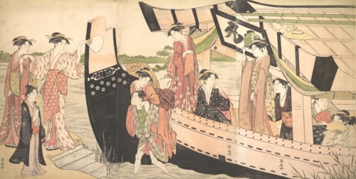 Women Landing from a Pleasure Boat Drawn Up to the Shore at Mukojima on Sumida River, Edo, ca. 1785.