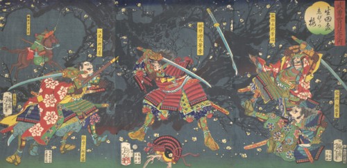 Plum Blossoms in the Forest of Ikuta, from the series Bravery-Beauty of the four seasons (Buyu setsugekka no uchi-Ikuta no mori, Ebira no ume), 1867.