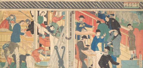 Sales Room at the Foreign Trade Building in Yokohama, 1861.