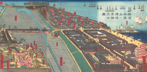 Detailed Print of Yokohama Hon-cho and the Miyozaki Pleasure Quarter, 4th month, 1860.