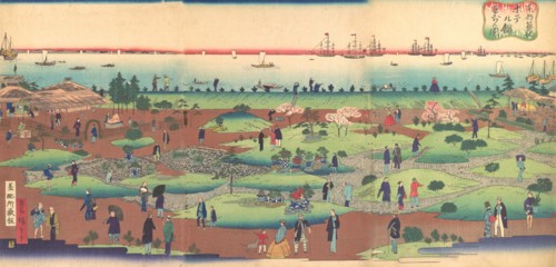 Illustration of the Front Garden of the Tsukiji Hotel in the Eastern Capital (Toto Tsukiji hoteru kan niwa mae no zu), ca. 1868-72.